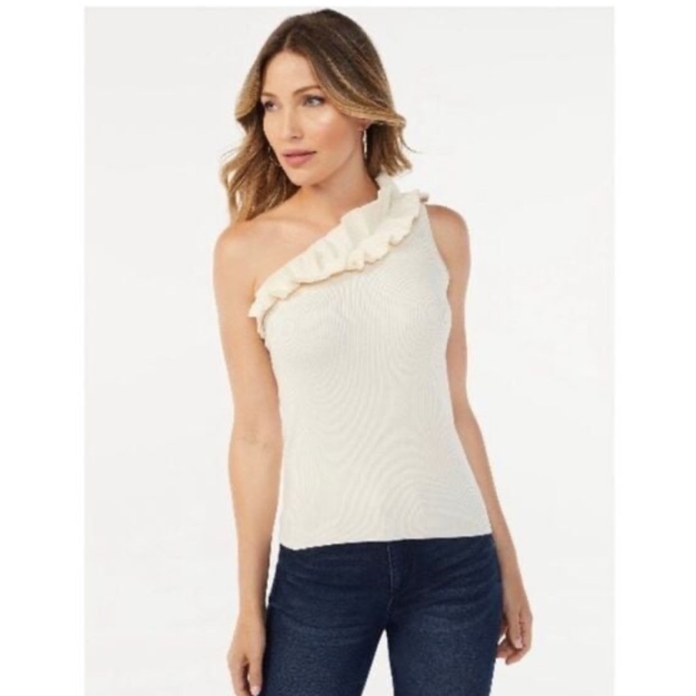Womens Sofia Vergara One Shoulder Ruffled Knit Tank Top Shirt Size M, XL, XXL